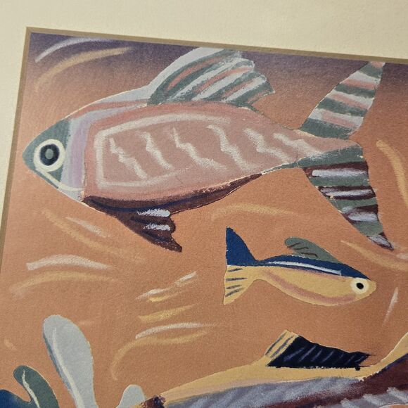 Abstract Art Print Underwater Scene W/ Tropical Fish & Coral Reef, Matted Framed - Picture 5 of 8